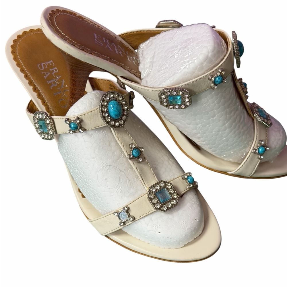 Franco Sarto Ivory Leather Jeweled T-Strap Heels with Turquoise Accents - Picture 2 of 6
